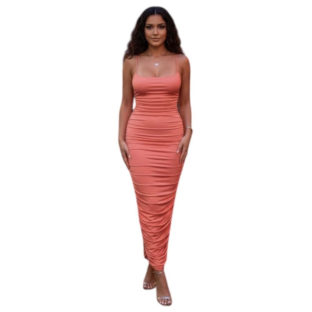 PrettyLittleThing Dress Womens US 2 Coral Ruched Bodycon Maxi Spaghetti Strap